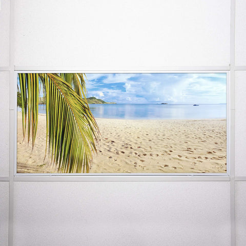 Backlit Film Insert For 2x4 Fluorescent Ceiling Lights, Easy Install Light Cover showing sandy beach and palm fronds