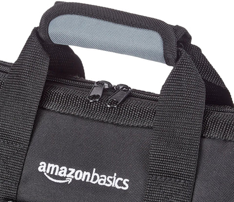 Close-up of Durable Wear-Resistant 12-Inch Tool Bag With 16 Pockets, Adjustable Shoulder Strap, zippered closure, black and gray.