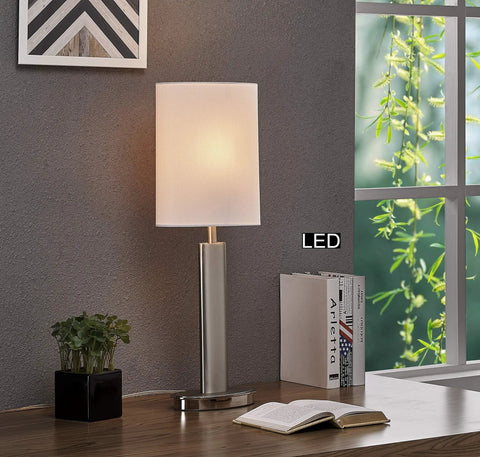 27 Inch Slim Oval LED Touch Table Lamp with 8W LED Bulbs, satin nickel finish, off-white shade on desk near window.