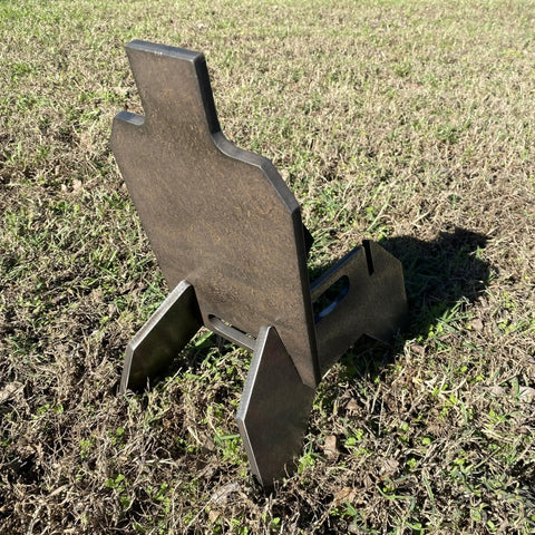 Back view of Beefy Three Eighths Inch Hardened Steel Shooting Target 7x12 IDPA Size with Metal Ground Stand on grass