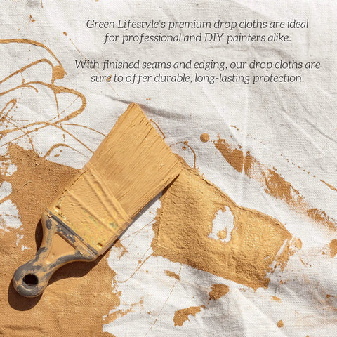 All Purpose Canvas Drop Cloths For Painting And Renovation Pro Grade Heavy Duty Floor And Furniture Protection Reusable Painters Tarp Durable Canvas Cover For DIY And Pros 4x12 Feet with paintbrush and paint marks.