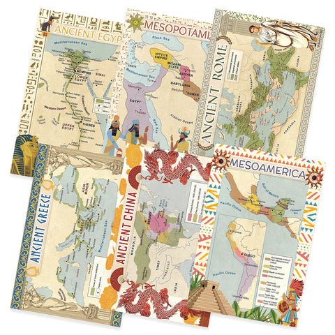Six Poster Set Of Ancient Civilizations For Social Studies Classrooms, 12 By 18 Inch Posters, featuring maps and illustrations.