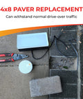 4x8 Inch Paver Light With 2700K Warm White Glow, tools and pavers on stone surface showing LED Brick Light setup