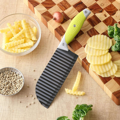 Angled view of VRUIFA French fry crinkle cutter with lime-green non-slip handle and ribbed black blade
