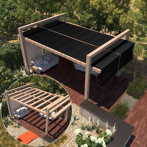 Wooden pergola with black privacy screens offering shade and shelter in a garden setting, with detailed insert of frame design.