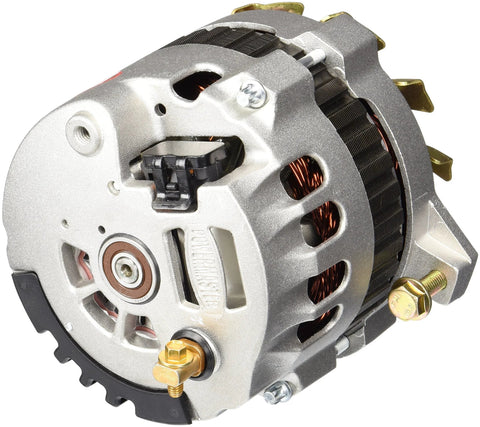 Powermaster 47861 automotive alternator, front view, silver aluminum housing with copper windings and mounting studs