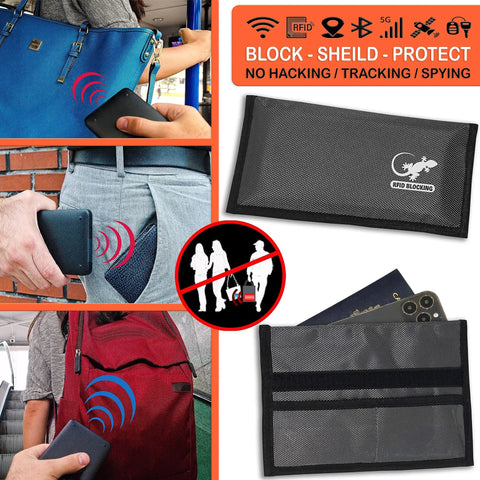 All Signal Shielding Phone And Card Pouch With RFID Blocking And GPS Blocker Dark Gray No Signal Privacy in use with bags
