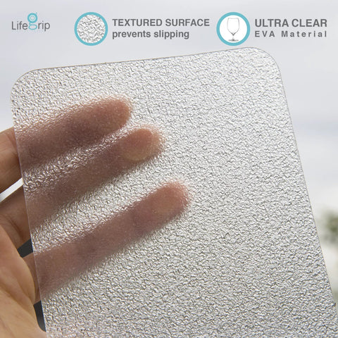 Close-up of clear non-slip tape 4 inch by 30 feet, textured surface, showing grippy adhesive for tubs, boats, stairs.
