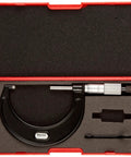 Outside Micrometer Pro Grade With Ratchet Stop And Lock Nut, Carbide Faces, 25 to 50mm Range in red protective case