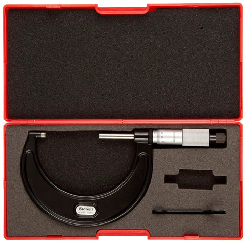 Outside Micrometer Pro Grade With Ratchet Stop And Lock Nut, Carbide Faces, 25 to 50mm Range in red protective case