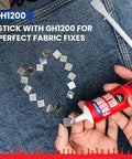 Applying GH1200 fabric glue to rhinestones on denim; Permanent Fabric Glue For Clothes And Crafts That Binds Strong, Flexible And Washable, Sticks Like A Boss For Rhinestones, Patches, Denim, Leather, Polyester, Flannel And More, Quick Dry, Clear Finish, Budget Friendly