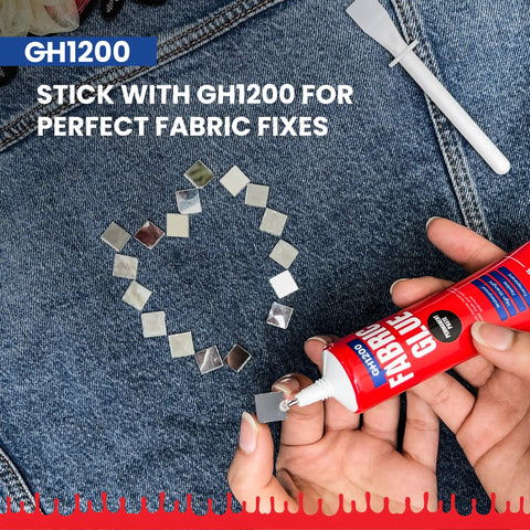 Applying GH1200 fabric glue to rhinestones on denim; Permanent Fabric Glue For Clothes And Crafts That Binds Strong, Flexible And Washable, Sticks Like A Boss For Rhinestones, Patches, Denim, Leather, Polyester, Flannel And More, Quick Dry, Clear Finish, Budget Friendly