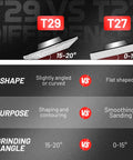 Comparison of T29 vs T27 flap disc shapes, highlighting angles and purposes for Top Shelf Ceramic Flap Discs 40 Grit Type 29.