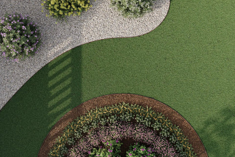 Garden with curved lawn and gravel path bordered by 4 Inch Composite Landscape Edging Kit, 40 Foot Brown, Contractor Grade Edging