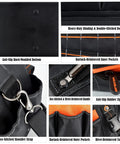 Close-up of 42-Pocket Waterproof Tool Tote For HVAC And Electricians, showcasing hard-molded bottom, reinforced pockets, and steel frame details.