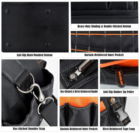 Close-up of 42-Pocket Waterproof Tool Tote For HVAC And Electricians, showcasing hard-molded bottom, reinforced pockets, and steel frame details.