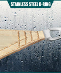 Close-up of a Beige Triangle Sun Shade Sail Canopy 12 Ft By 12 Ft By 12 Ft Waterproof Outdoor Patio Garden UPF50 UV Block 95 Percent Sun Shield 220GSM PES Fabric, showing stainless steel D-ring and raindrops.