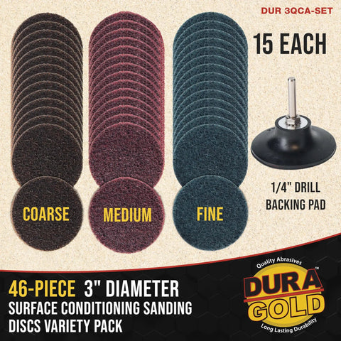 46 Piece 3 Inch Sanding Discs Variety Pack With Coarse Medium Fine Grits Quick Change Backing Pad One Quarter Inch Drill Adapter
