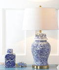 Blue White Ceramic Ginger Jar Table Lamp With White Linen Drum Shade 29.5 Inch Tall Showpiece Classic Chinoiserie Style For Living Room Or Home Office LED Bulb Included ETL Listed And Energy Saving