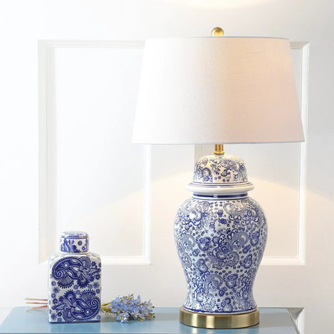 Blue White Ceramic Ginger Jar Table Lamp With White Linen Drum Shade 29.5 Inch Tall Showpiece Classic Chinoiserie Style For Living Room Or Home Office LED Bulb Included ETL Listed And Energy Saving