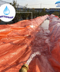 Heavy Duty Waterproof Poly Tarp Eight Mil Thick 10x100 Feet With UV Proof Shield as water pours on orange tarp