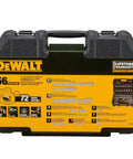 DeWalt 56-piece tool set case showing Three-Eighths Inch Drive Socket Set, 34-Piece, 6-Point SAE and Metric features.