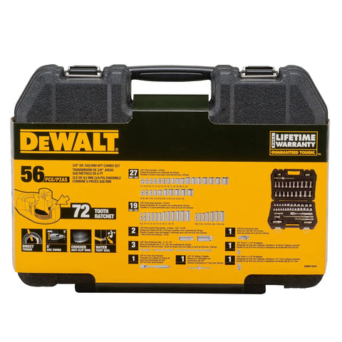 DeWalt 56-piece tool set case showing Three-Eighths Inch Drive Socket Set, 34-Piece, 6-Point SAE and Metric features.