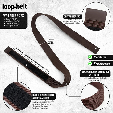 Brown No Scratch Web Belt With Rubber Coated Tips And Buckleless Design Advanced Hook And Loop Fasteners Nickel Free And Hypoallergenic 1 3 8 Inch Wide Heavyweight Webbing No Metal Parts Large 40 44 Waist