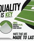 Quality is Key text with image of woven nylon backing and part of Six By Twelve Foot Batting Cage Hitting Mat With Regulation Home Plate.