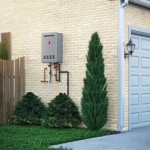 Rock Solid Outdoor Natural Gas Tankless Water Heater Cranking Eight Point Four Gallons Per Minute With Battle Tested Freeze Shield And Quick Fire Start Tech For Serious Daily Grind And Always On Home Comfort Gray Finish mounted on exterior wall.
