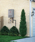 Hella Smooth Seven Gallon Per Minute Natural Gas Tankless Water Heater Delivering One Hundred Fifty Thousand Btu mounted outdoors.