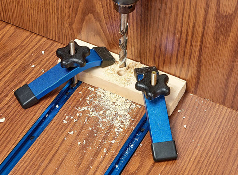 Beefy Aluminum T Track Hold Down Clamps For Woodworking Six And Three Eighths Inch Long One And A Quarter Inch Wide Heavy Duty 6063 Aluminum Fine Sandblast Blue Finish Two Pack in use on wood