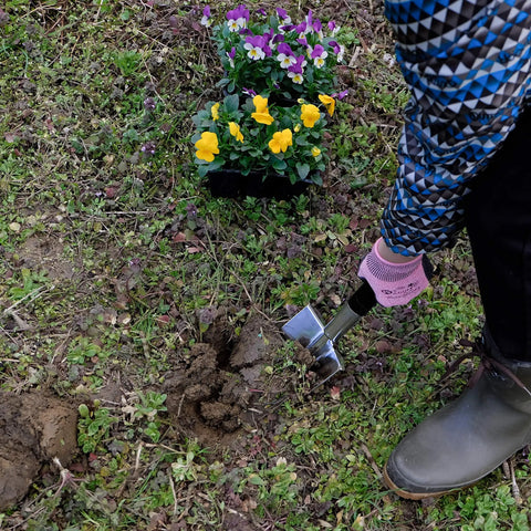 Person using Long Handle Garden Shovel For Digging And Transplanting 18.5 Inch Wood Handle With Heavy Duty Japanese Steel Blade Made In Japan