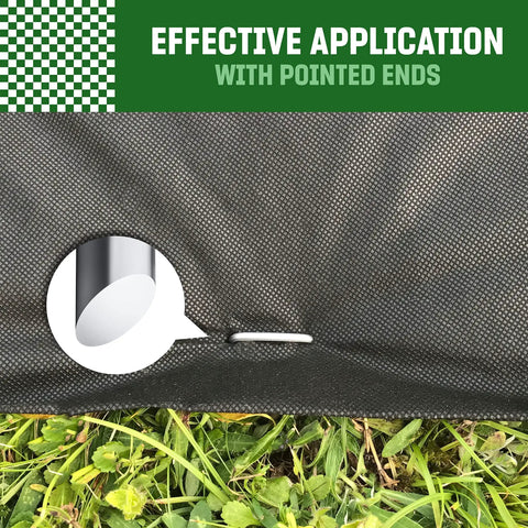 Heavy Duty 6 Inch Galvanized Landscape Staples Pack Of 50 Pro Grade Lawn Ground Spikes And Stakes For Weed Barrier Fabric And Landscaping, Rust Free And Extra Strong Steel For All Weather, shown securing weed barrier fabric on grass.