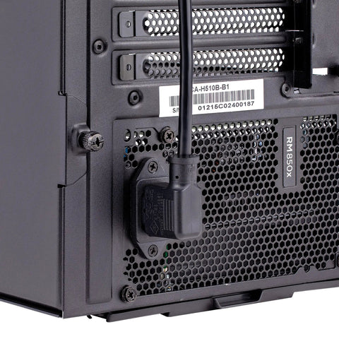 3ft Right Angle Power Cord NEMA 5-15P to IEC 60320 C13 18AWG 10A 125V UL Listed Replacement Cable plugged into desktop.