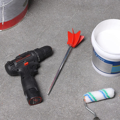 Helix Drill Paint Mixer Attachment for 1 Gallon Resin, Epoxy, and Latex Paint beside drill and paint bucket
