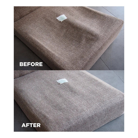 Before and after images of sofa cushion repair using Heavy Duty Sofa Zigzag Spring Repair Brackets Two Pack No Sweat Furniture Fix Kit.