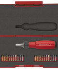 8510R-30 Set Twister 30 Mm Shaft All-In-One Ratchet Tool With Left Turn, Right Turn, And Lock Mode in red case with bits