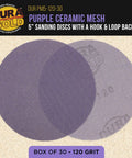Top Shelf 120 Grit 5 Inch Purple Ceramic Mesh Sanding Discs Sticky Hook And Loop Backing For Random Orbital Sanders Box Of 30 displayed on a surface.