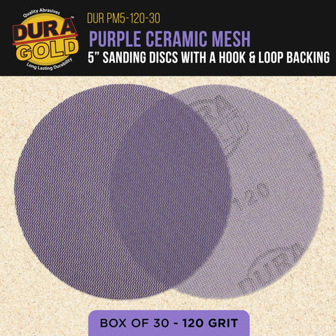 Top Shelf 120 Grit 5 Inch Purple Ceramic Mesh Sanding Discs Sticky Hook And Loop Backing For Random Orbital Sanders Box Of 30 displayed on a surface.