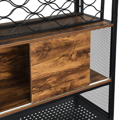 Close-up of Built Different Industrial Bar Cabinet Featuring Dedicated Wine Rack For Stashing Liquor And Glassware, showcasing wood and metal details.