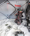 Inside view of Heavy Duty Pop Up Insulated Ice Fishing Shelter With Knockout Spacious Fishin Spot For Five To Seven Crews showing two anglers.