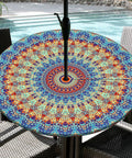 Colorful round outdoor tablecloth with umbrella hole, waterproof oilproof fitted elastic zippered cover on patio table, 48 inches.