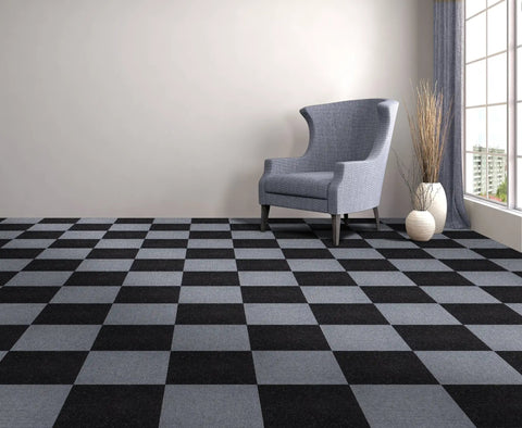 Self Adhesive 12 Inch Carpet Tile Pack With Peel And Stick Flooring For Kitchen, Dining Room, Bedrooms And Bathrooms In Smoke Grey, Easy DIY Installation shown in checkered pattern.