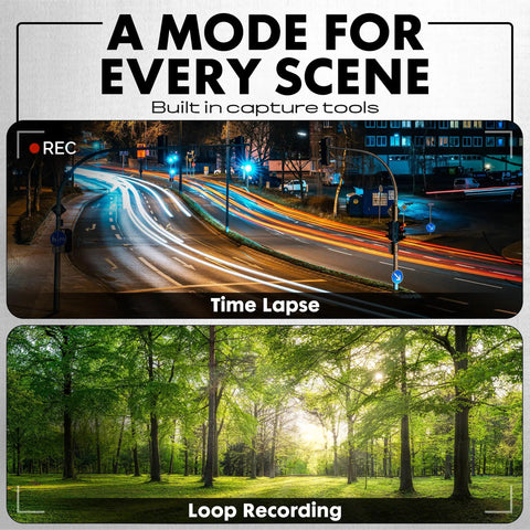 Two images showing time lapse of city street at night and loop recording of forest during day, illustrating camera capture modes.