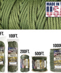 Image of 750 Lb Beefy Nylon Paracord Rope Parachute Cord Type IV Mil Spec varieties in camo green, Made in USA.