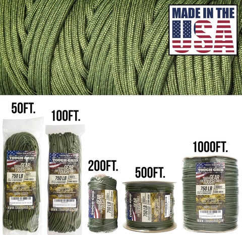 Image of 750 Lb Beefy Nylon Paracord Rope Parachute Cord Type IV Mil Spec varieties in camo green, Made in USA.