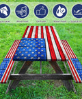 Flag Themed Picnic Table Cover With Bench Covers Set Wood Grain Look Waterproof Windproof No Hassle Outdoor Tablecloth Fitted For 72 Inch Tables And 12 Inch Benches Three Piece Kit Red displayed on picnic table outdoors with flag design