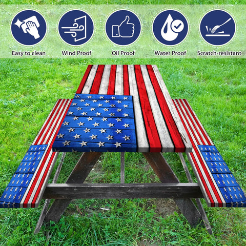 Flag Themed Picnic Table Cover With Bench Covers Set Wood Grain Look Waterproof Windproof No Hassle Outdoor Tablecloth Fitted For 72 Inch Tables And 12 Inch Benches Three Piece Kit Red displayed on picnic table outdoors with flag design