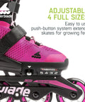 Girls Adjustable Inline Skates For Fitness And Fun Pink Bubblegum Durable Youth Skates with four-size fit buttons visible
